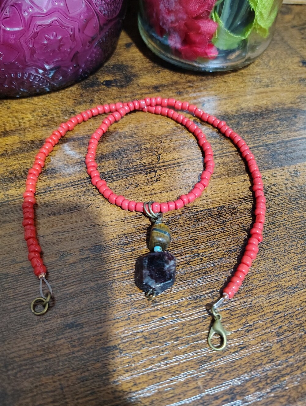 Red Beaded Gemstone Pendant Necklace - Men's Necklace